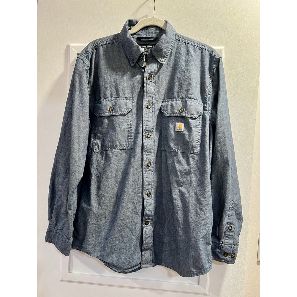 Carhartt Mens M Loose Fit Blue Chambray Long Sleeve Button-Up Shirt TW4368-M